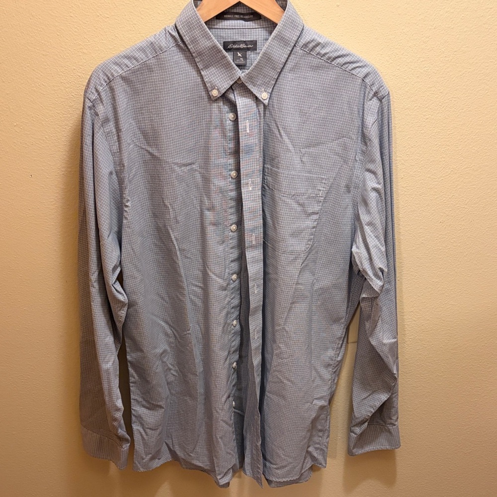 Eddie Bauer Blue and White Micro-Check Long Sleeve Button-Down Shirt